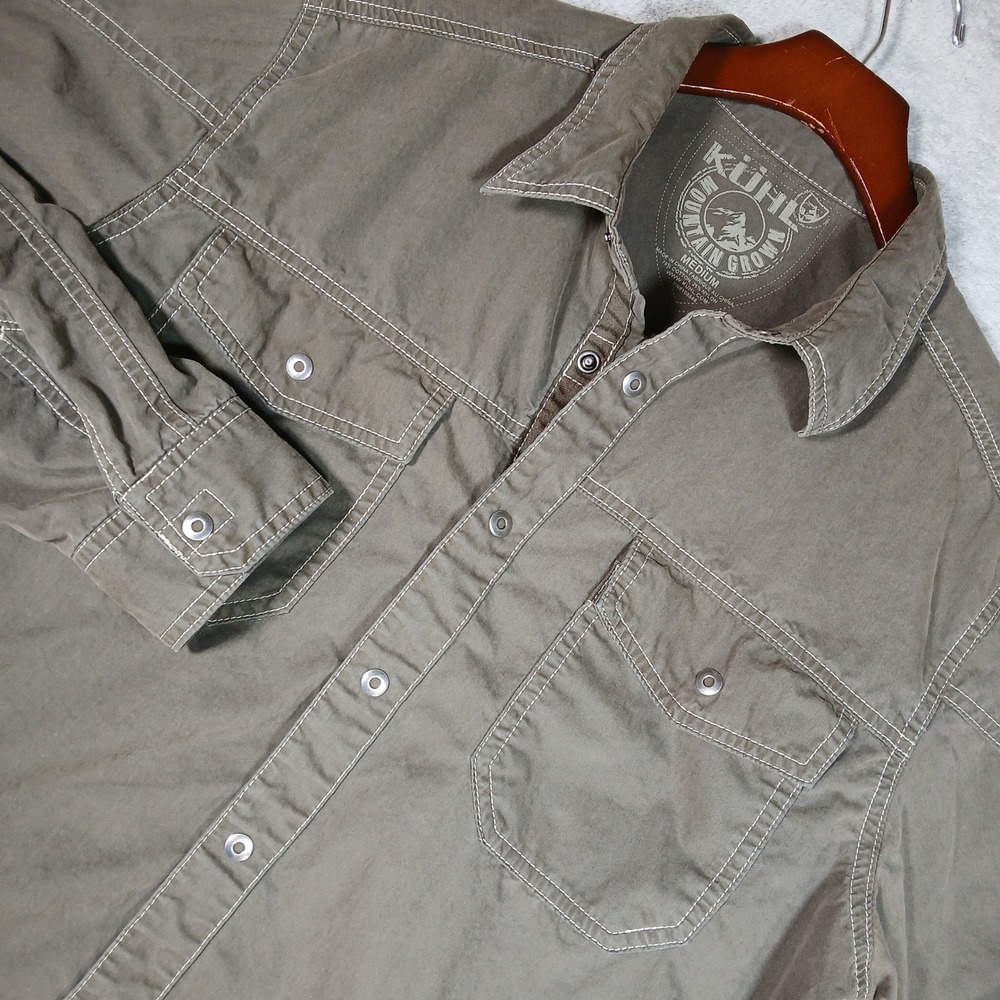 Kuhl Shirt Mens Medium Brown Solid Regular Snap Cotton Nylon Hiking